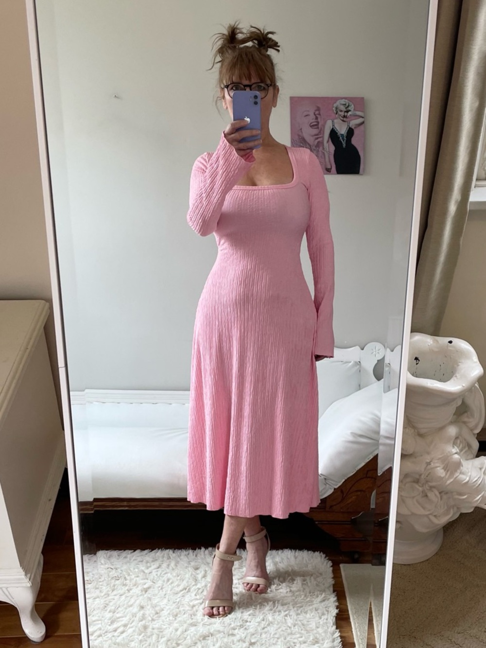 VINTAGE PINK LONG BELL SLEEVE MIDI DRESS SCOOP NECK CRINKLE STRETCH CORSET BACK